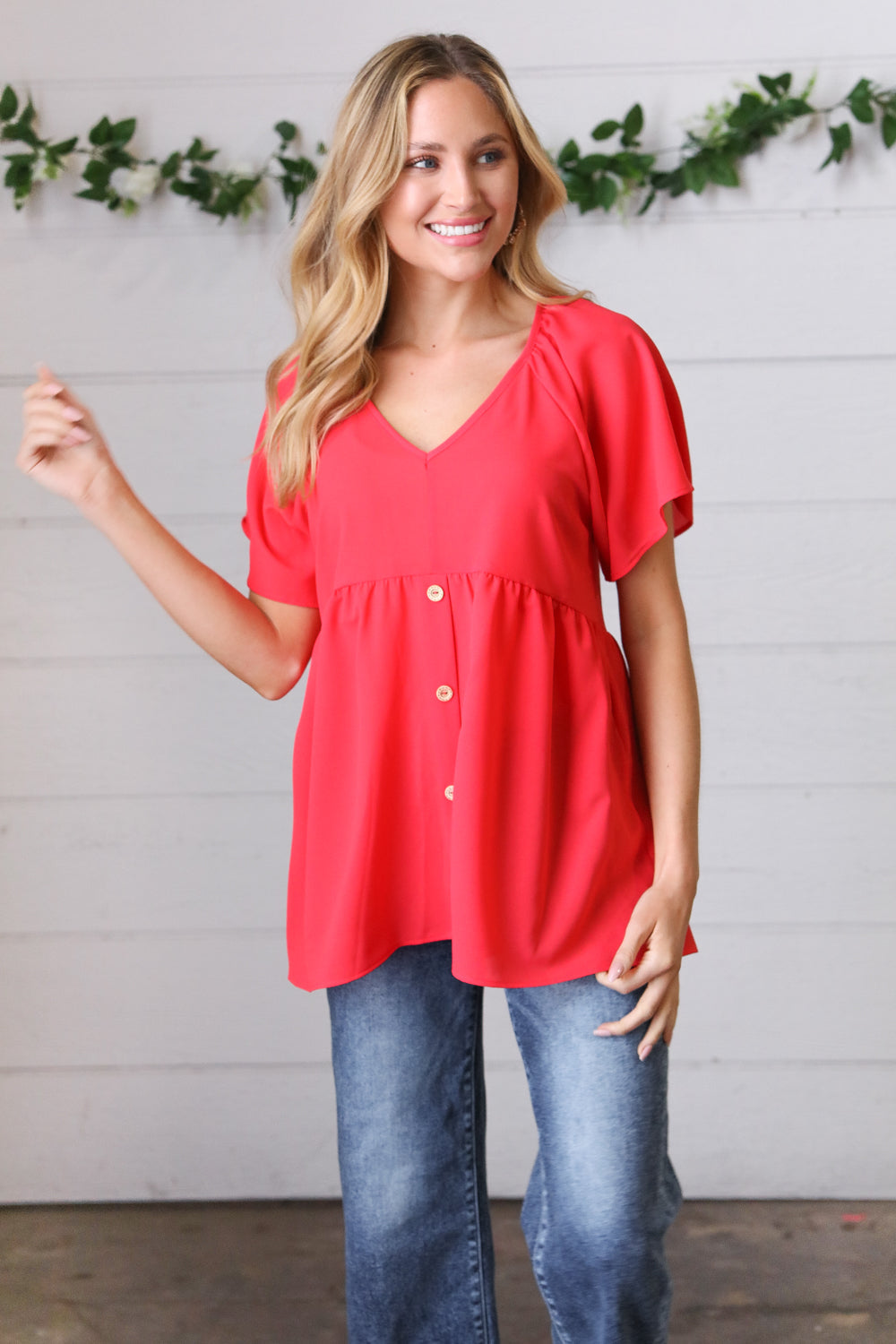 Cherry Red Babydoll Button Down Raglan Woven Top