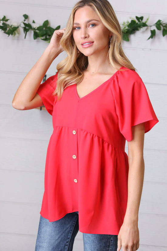 Cherry Red Babydoll Button Down Raglan Woven Top